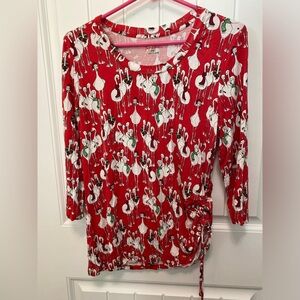 Magical Season red Christmas flamingo shirt. Size Petite Medium. Side clinch.